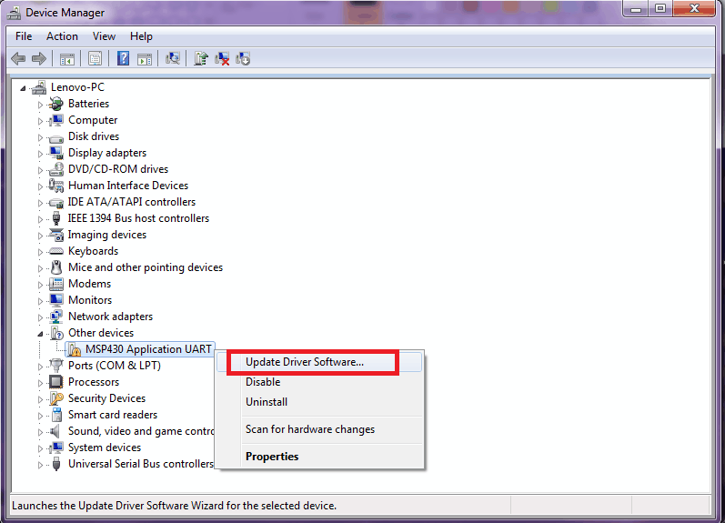 Update Driver TI Launchpad MSP430 Programming