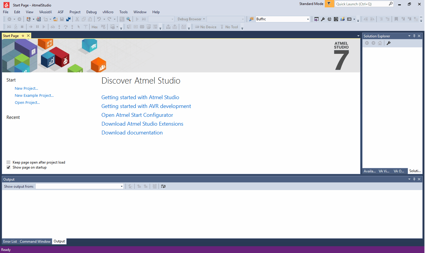 Atmel Studio Start Page Window