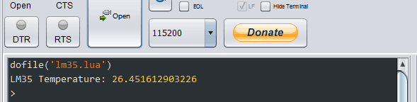 ESPlorer output window for LM35 temperature
