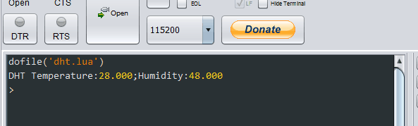 ESPlorer serial monitor window for DHt11