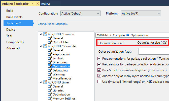 Atmel studion toolchain optimization option