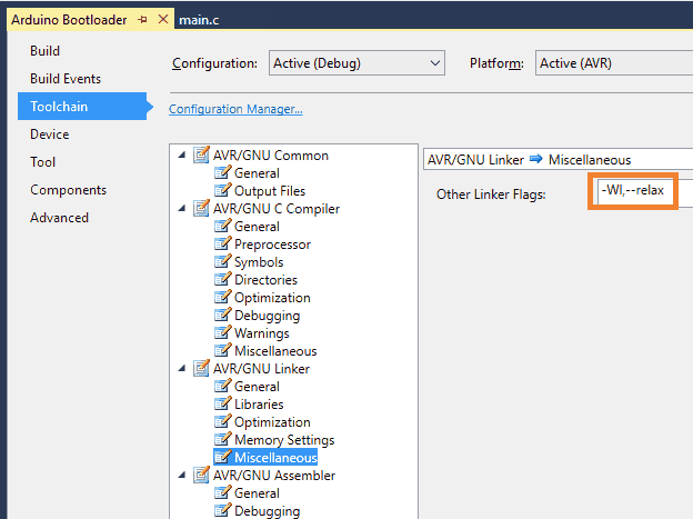 relaxation linker flag in atmel studio
